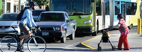 Pedestrian and bicylcist crossing street